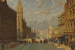 This view of Bourke Street looks east toward Elizabeth Street. The buildings on the right are the Metropole Hotel and Arcade, which have since been replaced by the Commonwealth Bank building on the corner of Elizabeth Street.
