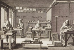 Engraving of printers operating a medieval printing press