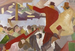 A painted image of industry workers rallying together