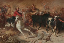 Painting of people fleeing a large bushfire