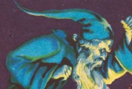 purple background with blue and yellow illustration of a dancing wizard