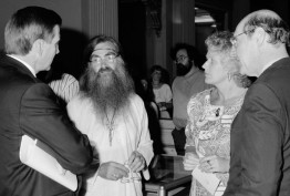 Handover ceremony for the Ken Pound Collection in Queen's Hall, State Library of Victoria, 1994. In the foreground, L to R: Premier Jeff Kennett; Ken Pound; Helen Tait, CEO State Library of Victoria; the Hon Hadden Storey, Minister for the Arts
