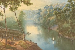 Colour print of painting by N Chevalier of the Yarra River at Studley Park by C Troedel & Co, 1865