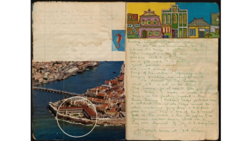 Page from a travel diary of the West Indies featuring handwritten notes and scrapbooked travel images over a two-page spread.