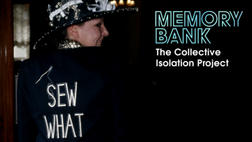 A smiling woman's back is turned to us, her jacket emblazoned with the words 'Sew what'