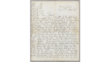 Image of a handwritten letter from 1880. It was written by Donald Sutherland to his parent in Scotland, and provides an eyewitness account of the Kelly Gang's last stand in Glenrowan. The image is of the first page of the letter.