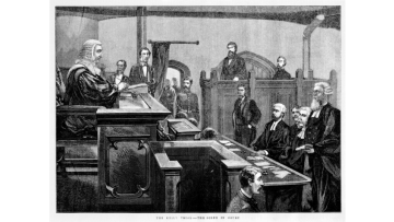 Black and white wood engraving of Ned Kelly's trial. Kelly is in the dock, while Redmond Barry oversees the case wearing the wig and robes of the British legal system.