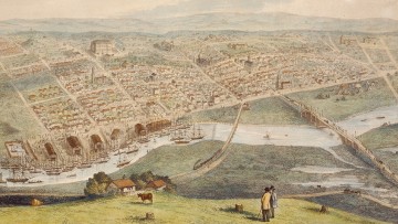 Colour painting of the city of Melbourne in 1855 by Nathaniel Whittock, showing Hoddle's grid of streets and Yarra River