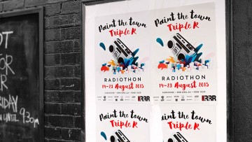 3RRR Radiothon posters on a wall