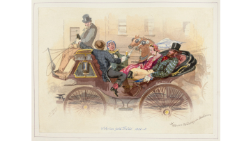 Watercolour painting showing a wedding party in a carriage: the groom in a checkered coat and top hat with his arm around the bride wearing a red dress and veil, male attendant offering the carriage driver a bottle.