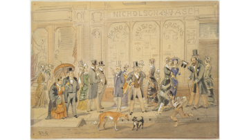 Watercolour painting showing part of The Block, Collins Street with fashionably dressed men and women promenading in the street and a newsboy running with newspapers in front of Nicholson and Ascherberg's piano and music warehouse.