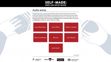 screen grab with Audio extras title, background of blue hands, intro text and seven red horizontal selection buttons
