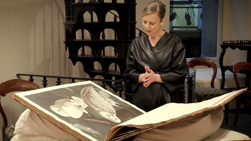 A woman looks down at an oversized book, open on a table
