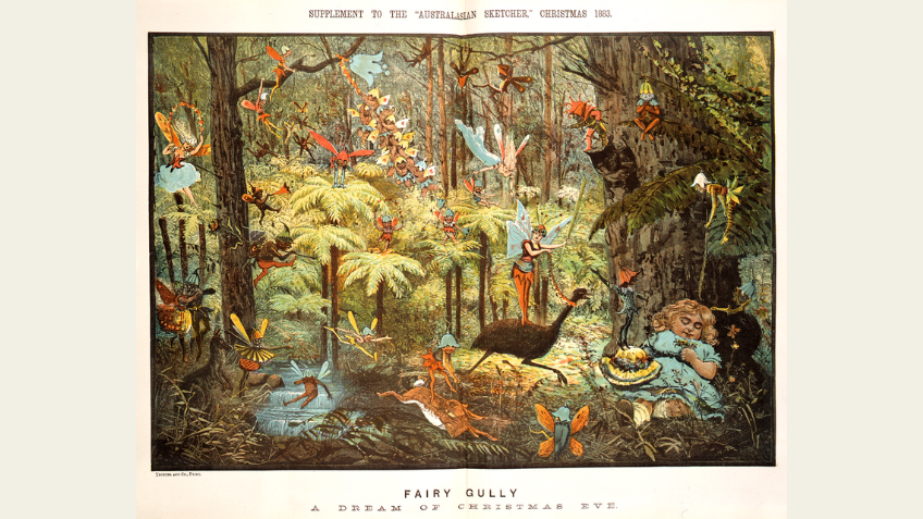 Shows small girl asleep beside tree, with fairies and elves flying around her.